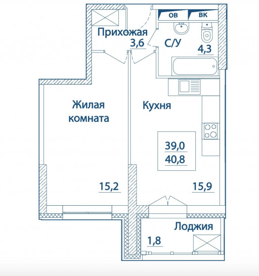 Однокомнатная квартира 40.8 м²