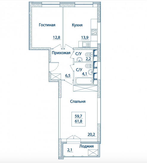Двухкомнатная квартира 61.8 м²