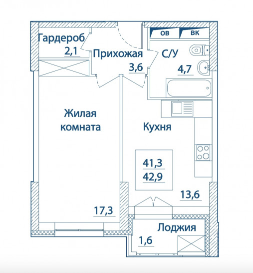 Однокомнатная квартира 42.9 м²